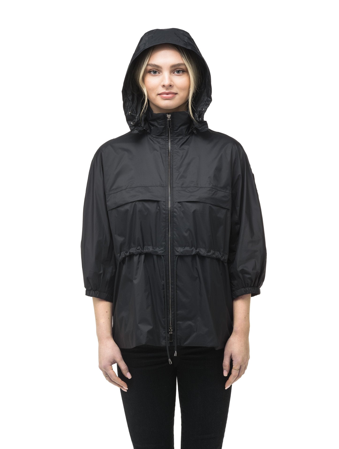 Women's waist length windbreaker with two chest pockets in Black