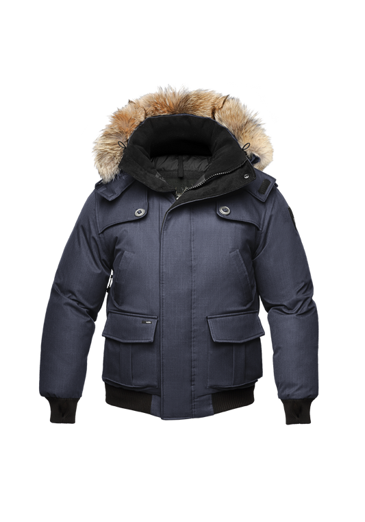 Kid's waist length down bomber jacket with fur trim hood in CH Navy + CH Navy