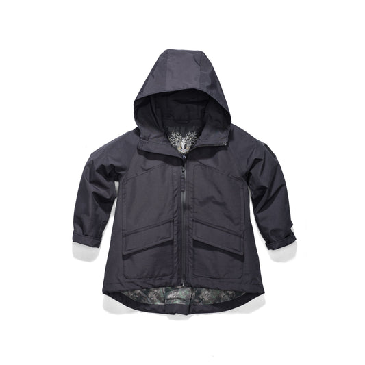 Kid's hip length fishtail rain jacket with hood in Black + Black