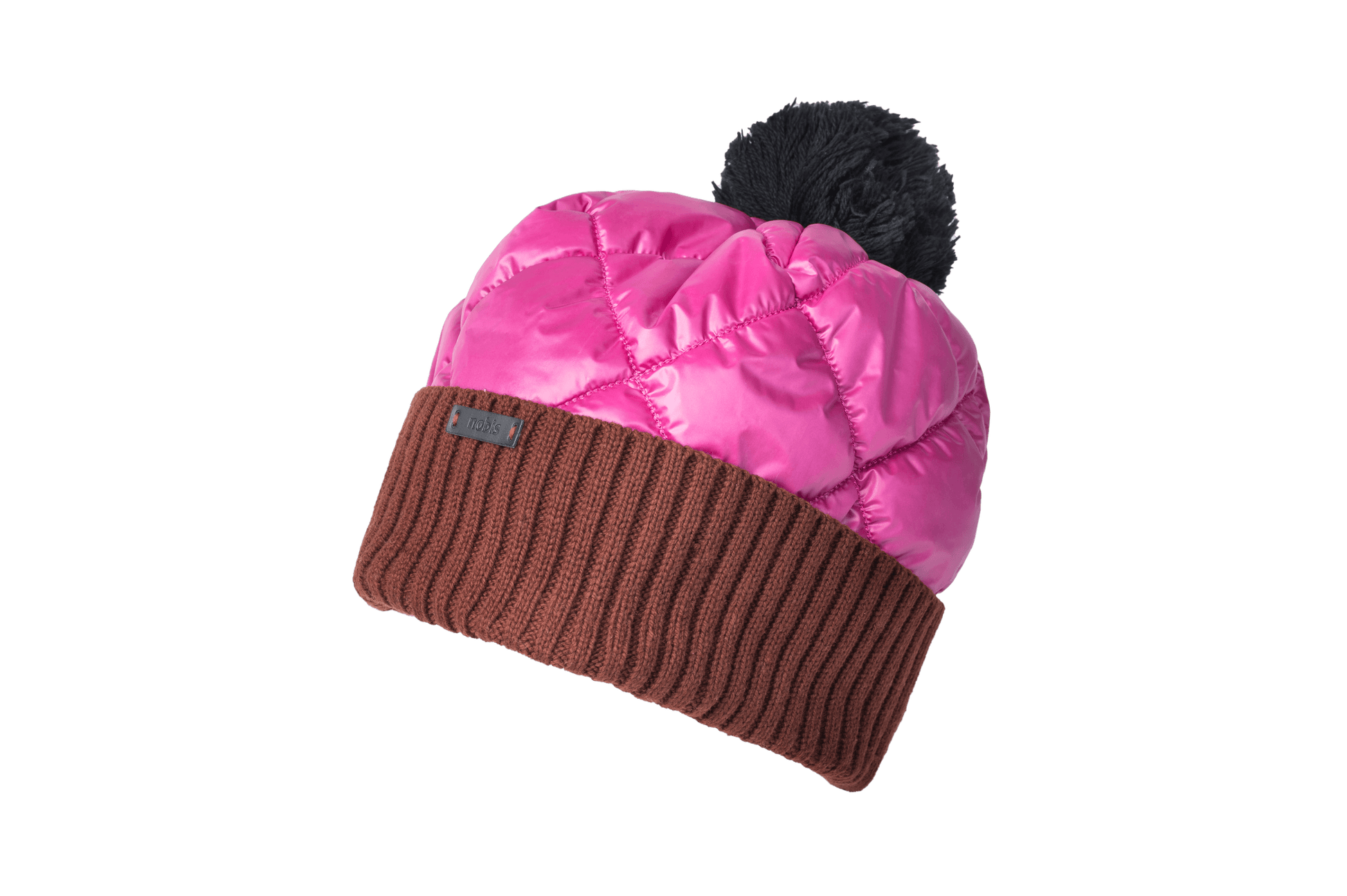 Lany Unisex Hybrid Pom Beanie in an extra fine merino wool blend and premium cire technical taffeta fabrication, rib knit cuff with leather Nobis wordmark detailing, quilted body, and plush pom-pom finish, in Festival Fuschia