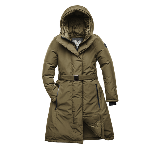 Long calf length hooded women's winter parka with an inner hip length closure, exterior hem length zipper and magentic placket in Fatigue + Fatigue