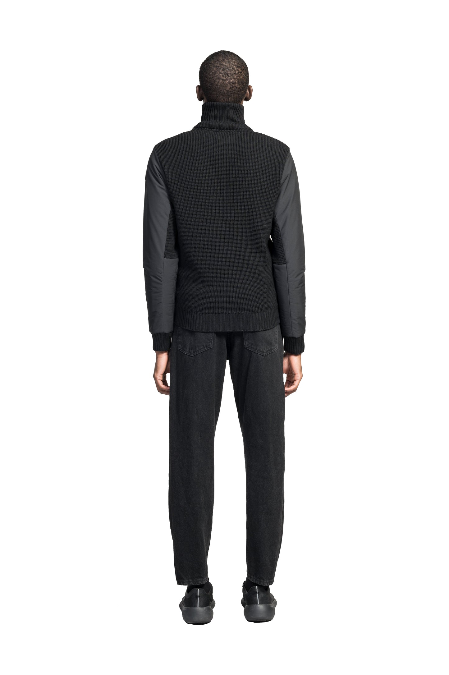 Layton Men's Tactical Hybrid Sweater in hip length, Primaloft Gold Insulation Active+, Merion wool knit collar, sleeves, back, and cuffs, two-way front zipper, and pockets at chest and waist, in Black