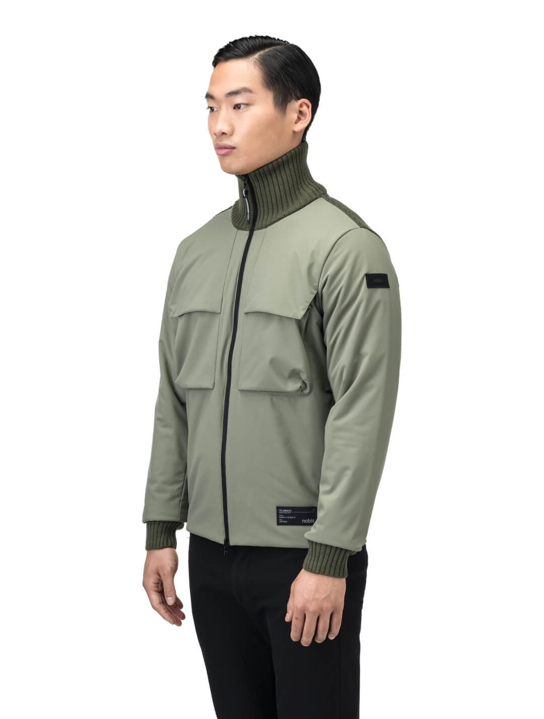 Layton Men's Tactical Hybrid Sweater in hip length, Primaloft Gold Insulation Active+, Merion wool knit collar, sleeves, back, and cuffs, two-way front zipper, and pockets at chest and waist, in Clover