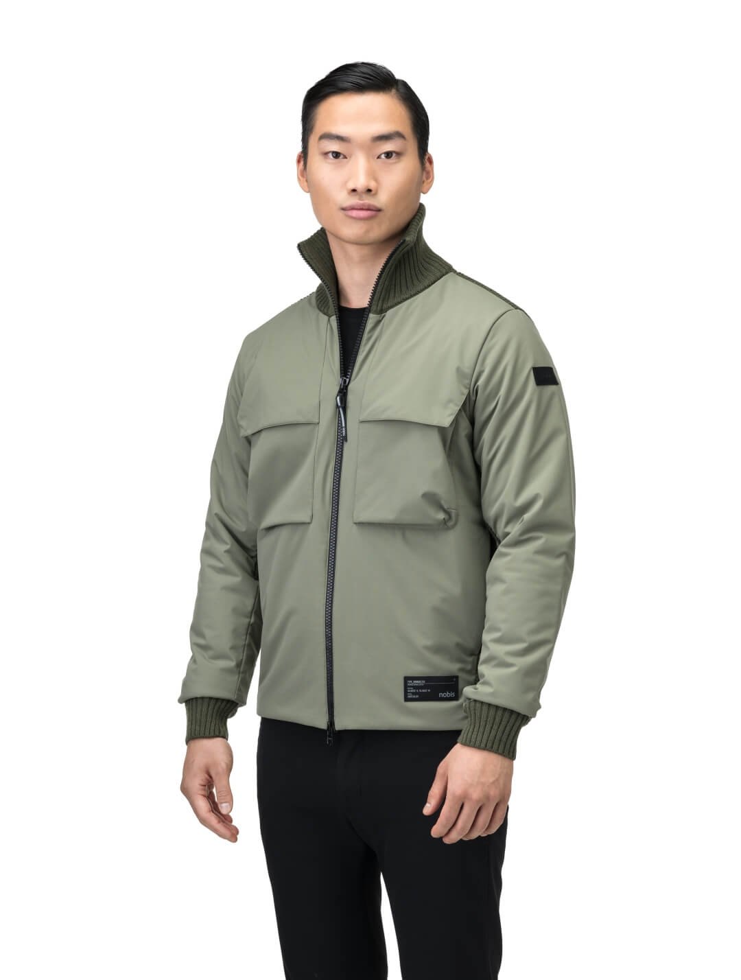 Layton Men's Tactical Hybrid Sweater in hip length, Primaloft Gold Insulation Active+, Merion wool knit collar, sleeves, back, and cuffs, two-way front zipper, and pockets at chest and waist, in Clover