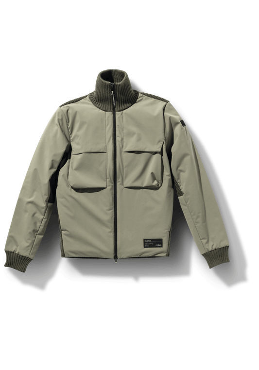 Layton Men's Tactical Hybrid Sweater in hip length, Primaloft Gold Insulation Active+, Merion wool knit collar, sleeves, back, and cuffs, two-way front zipper, and pockets at chest and waist, in Clover + Clover