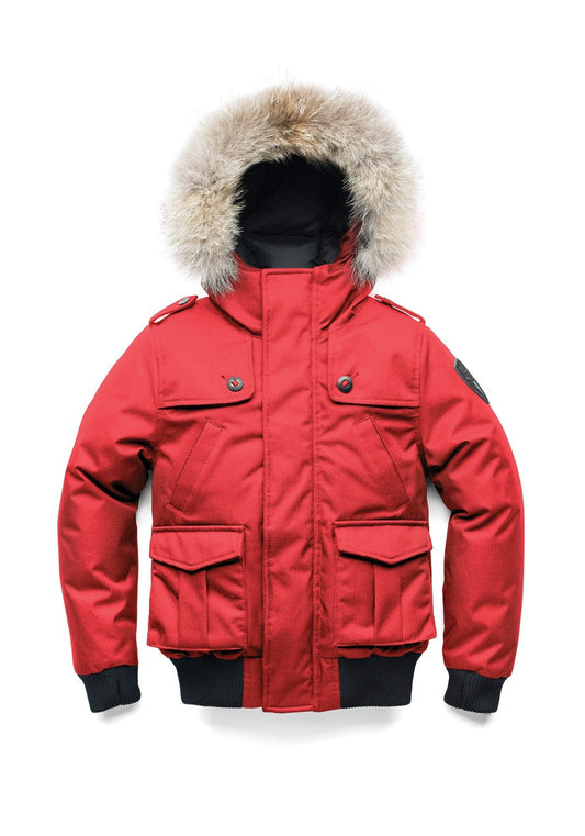 Kid's waist length down bomber jacket with fur trim hood in CH Red + CH Red