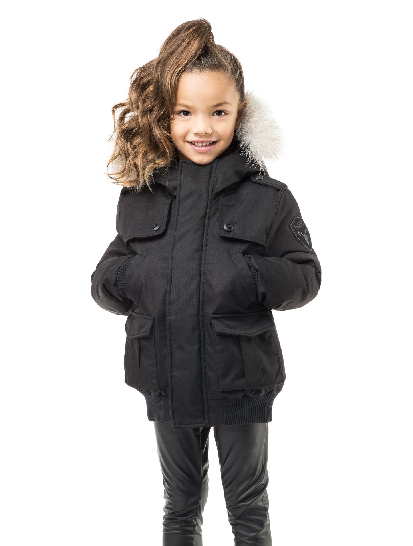 Kid's waist length down bomber jacket with fur trim hood in CH Black