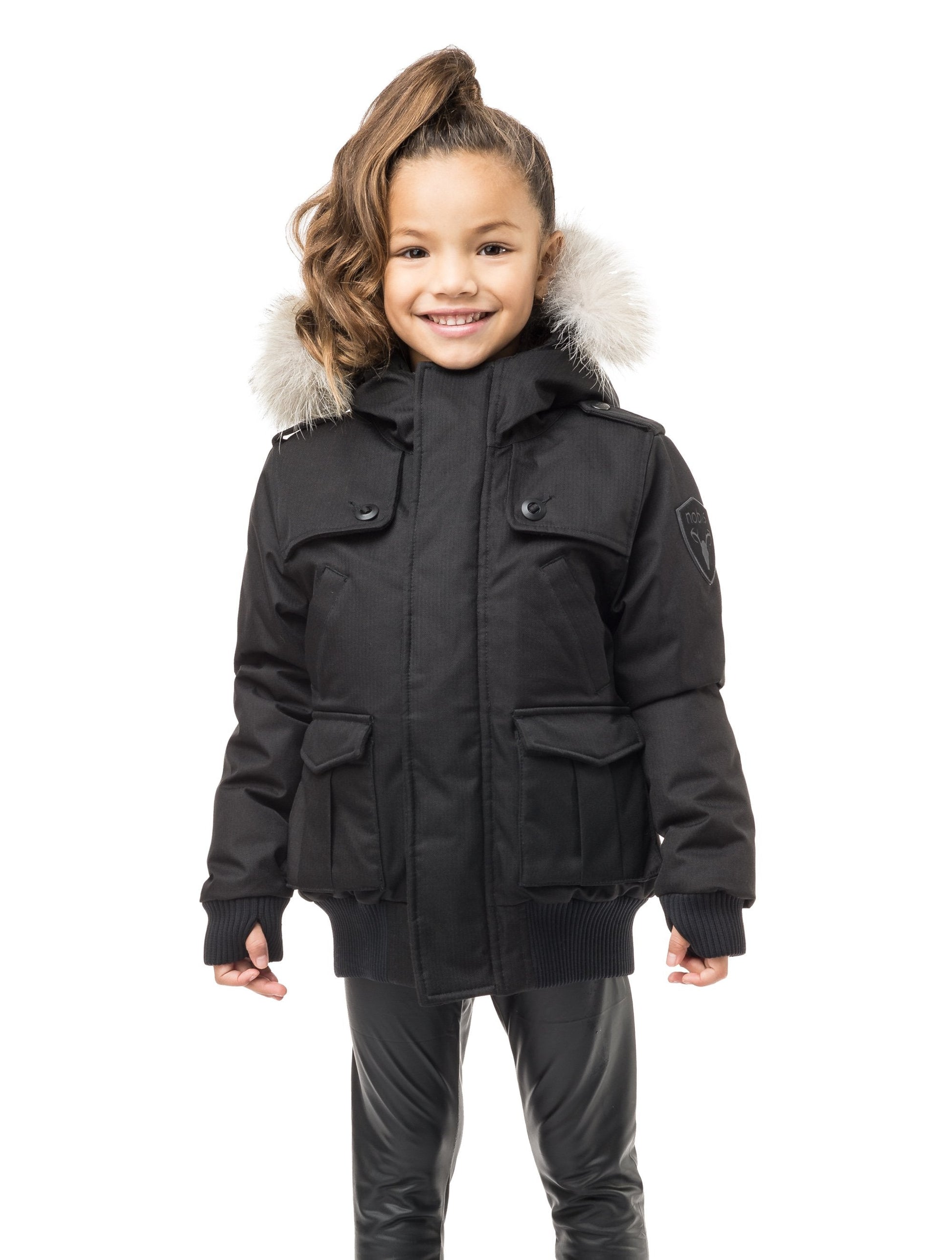 Kid's waist length down bomber jacket with fur trim hood in CH Black