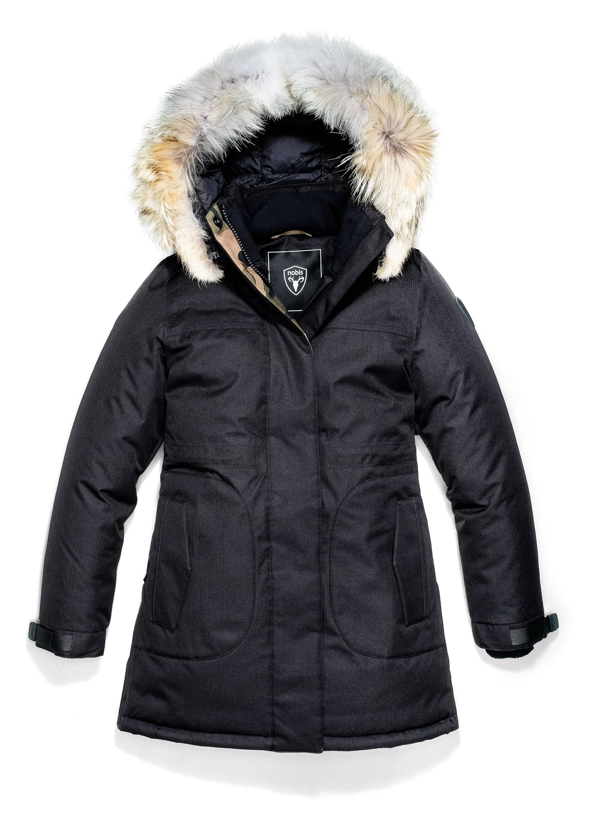 Thigh length women's down filled parka with side entry pockets and drawcord waist, removable hood and fur trim in Black