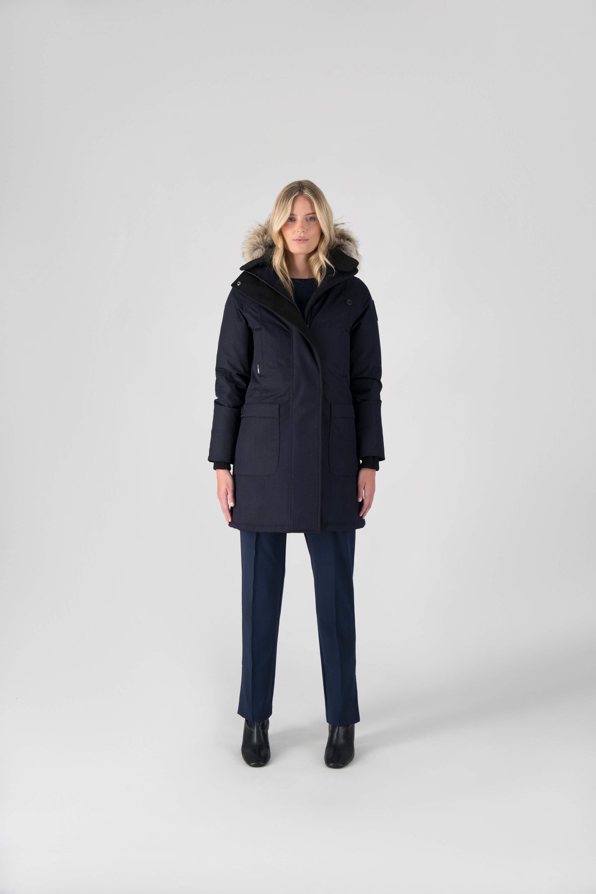Best selling women's down filled knee length parka with removable down filled hood