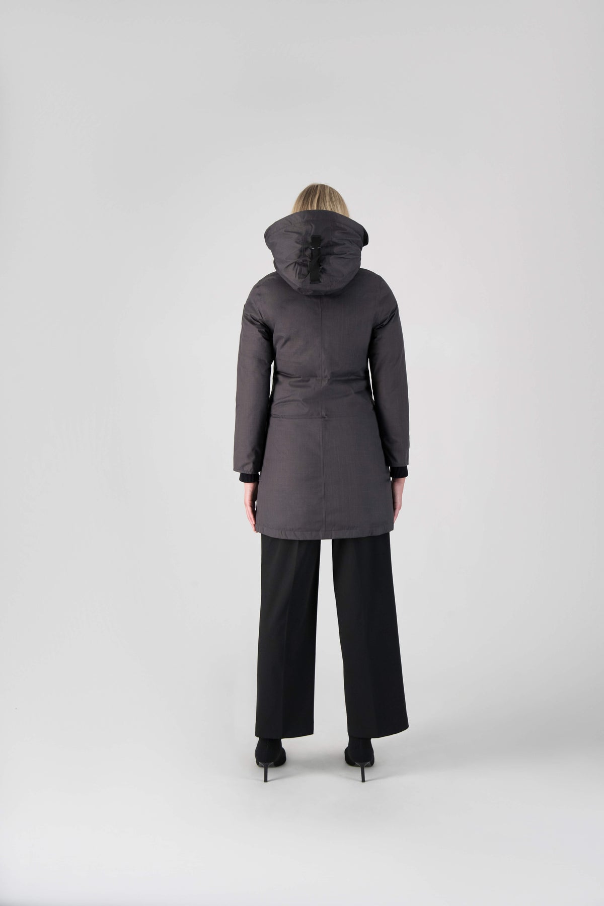 Best selling women's down filled knee length parka with removable down filled hood in Steel Grey