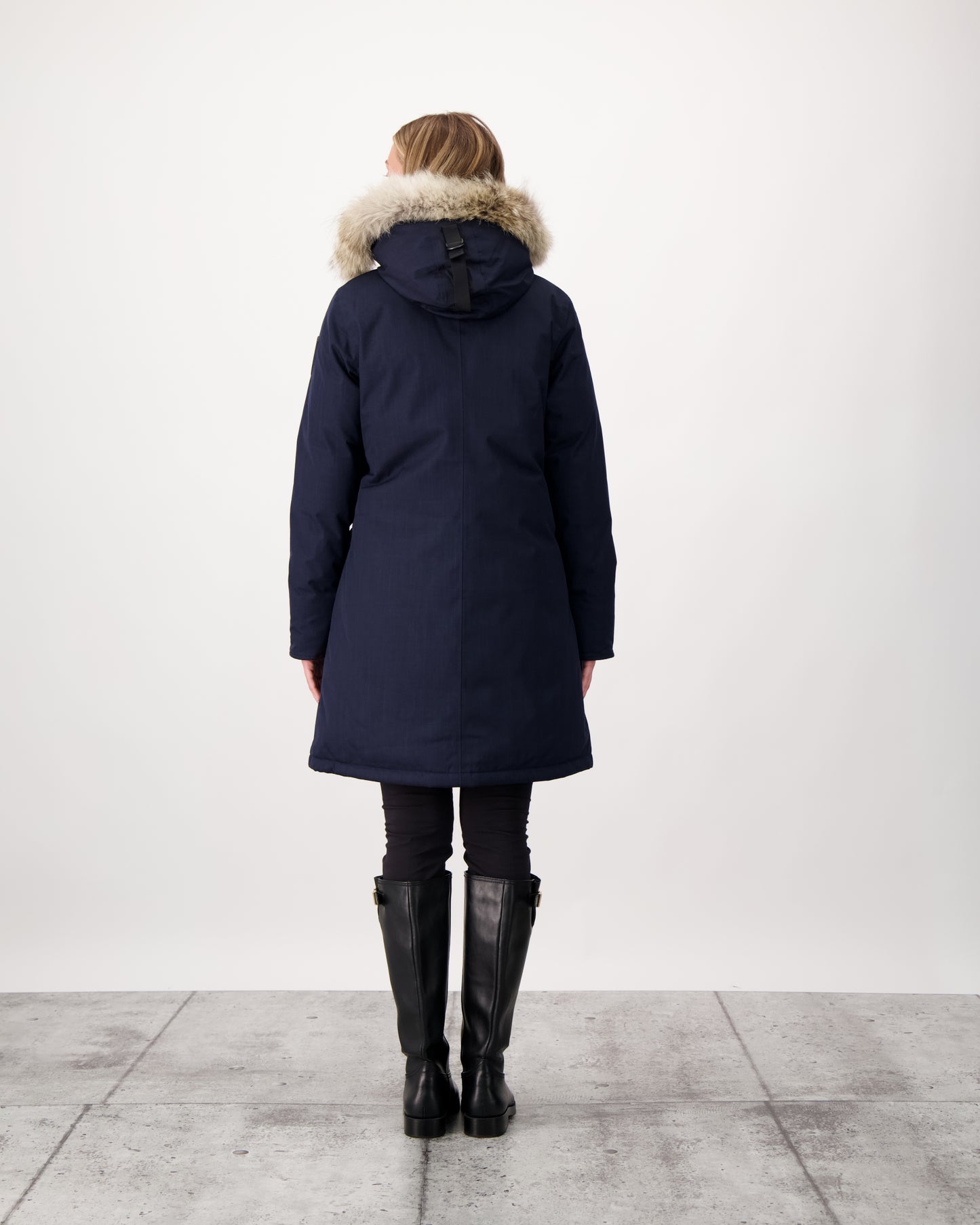 Best selling women's down filled knee length parka with removable down filled hood in CH Navy