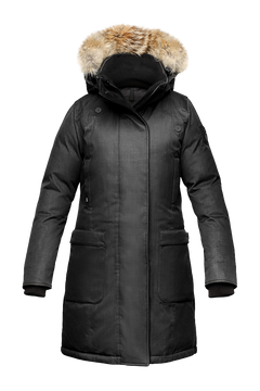 Best selling women's down filled knee length parka with removable down filled hood in H. Black