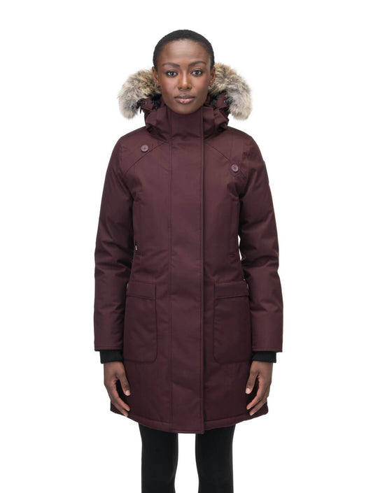 Best selling women's down filled knee length parka with removable down filled hood in Merlot