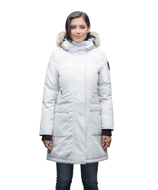 Best selling women's down filled knee length parka with removable down filled hood in CH Light Grey + Light Grey