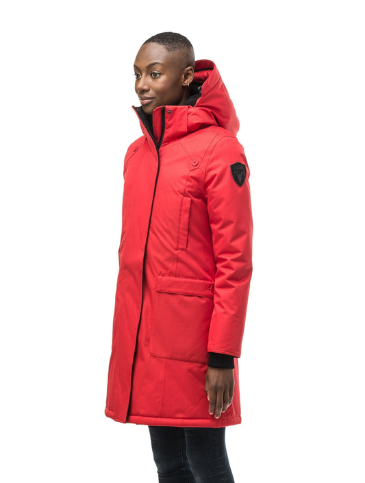 Best selling women's down filled knee length parka with removable down filled hood in CH Red + CH Red