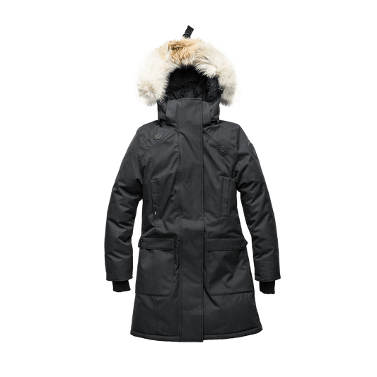 Merideth thigh length black parka, side view in CH Black + CH Black