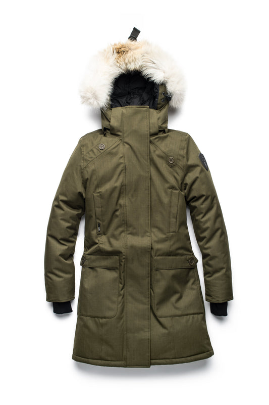 Best selling women's down filled knee length parka with removable down filled hood in CH Fatigue + CH Fatigue