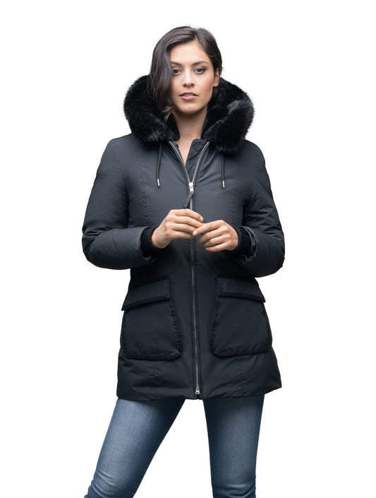 Women's hip length down parka with tonal fur trim in Cy Black + Cy Black