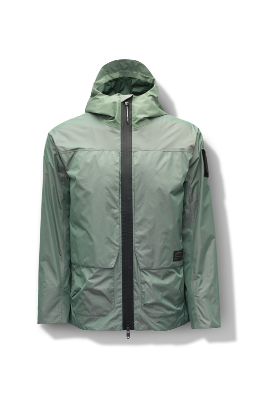 Mission Men's Performance Rain Shell Jacket in hip length, non-removable hood with adjustable toggle, two-way waterproof zipper, flap closure waist pockets with additional side entry storage, zipper ventilation on back, passive underarm ventilation, and breathable mesh lining, in Duck Green + Duck Green