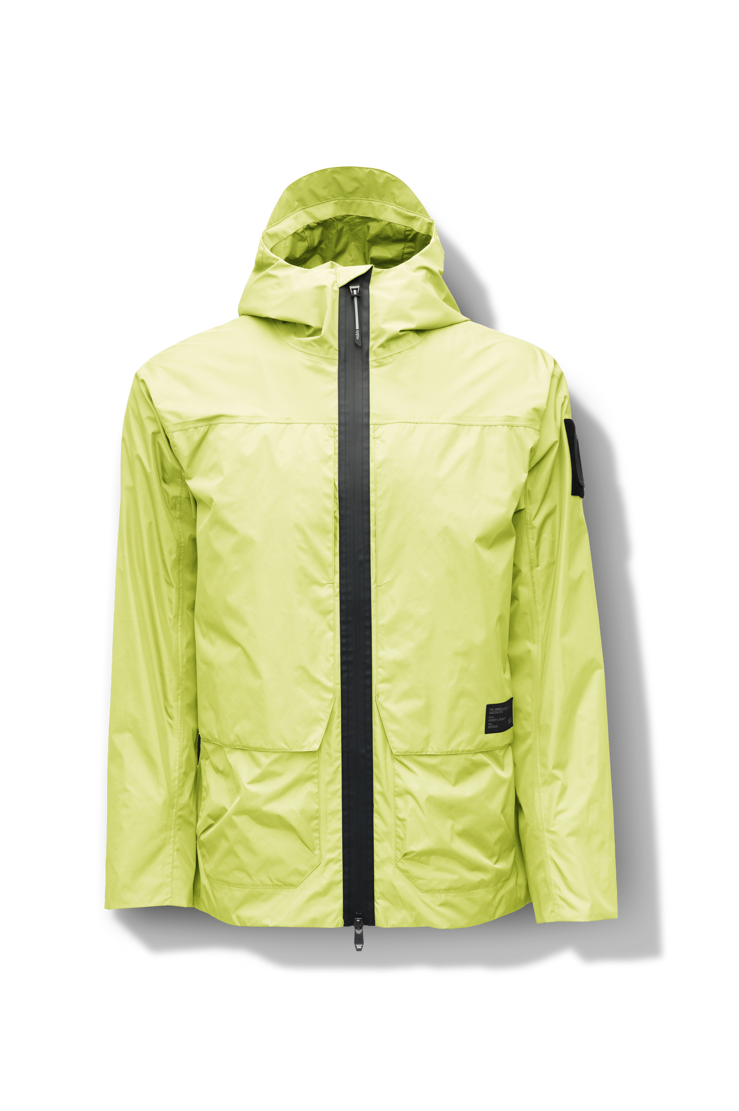 Mission Men's Performance Rain Shell Jacket in hip length, non-removable hood with adjustable toggle, two-way waterproof zipper, flap closure waist pockets with additional side entry storage, zipper ventilation on back, passive underarm ventilation, and breathable mesh lining, in Sulphur Spring