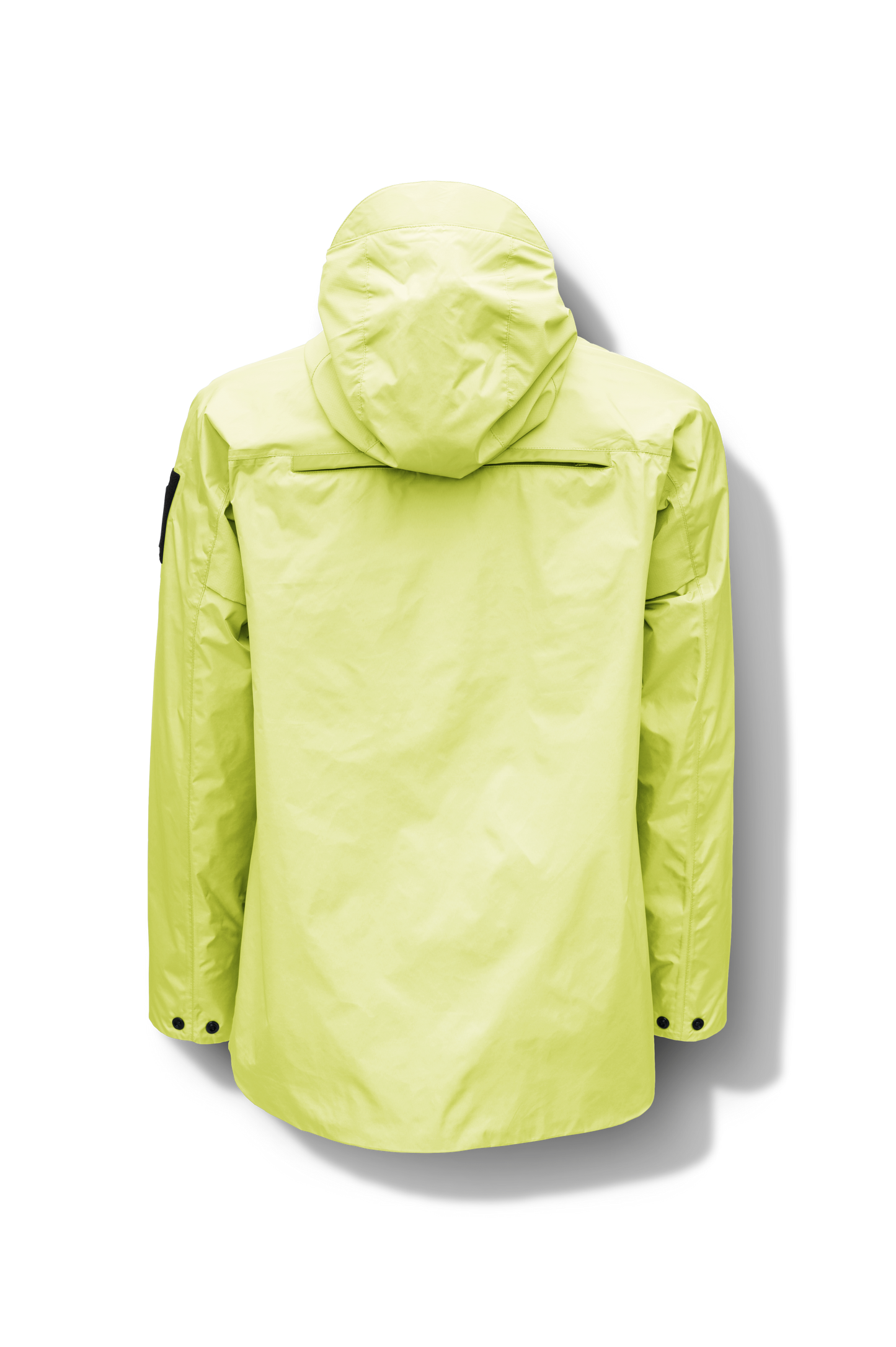 Mission Men's Performance Rain Shell Jacket in hip length, non-removable hood with adjustable toggle, two-way waterproof zipper, flap closure waist pockets with additional side entry storage, zipper ventilation on back, passive underarm ventilation, and breathable mesh lining, in Sulphur Spring