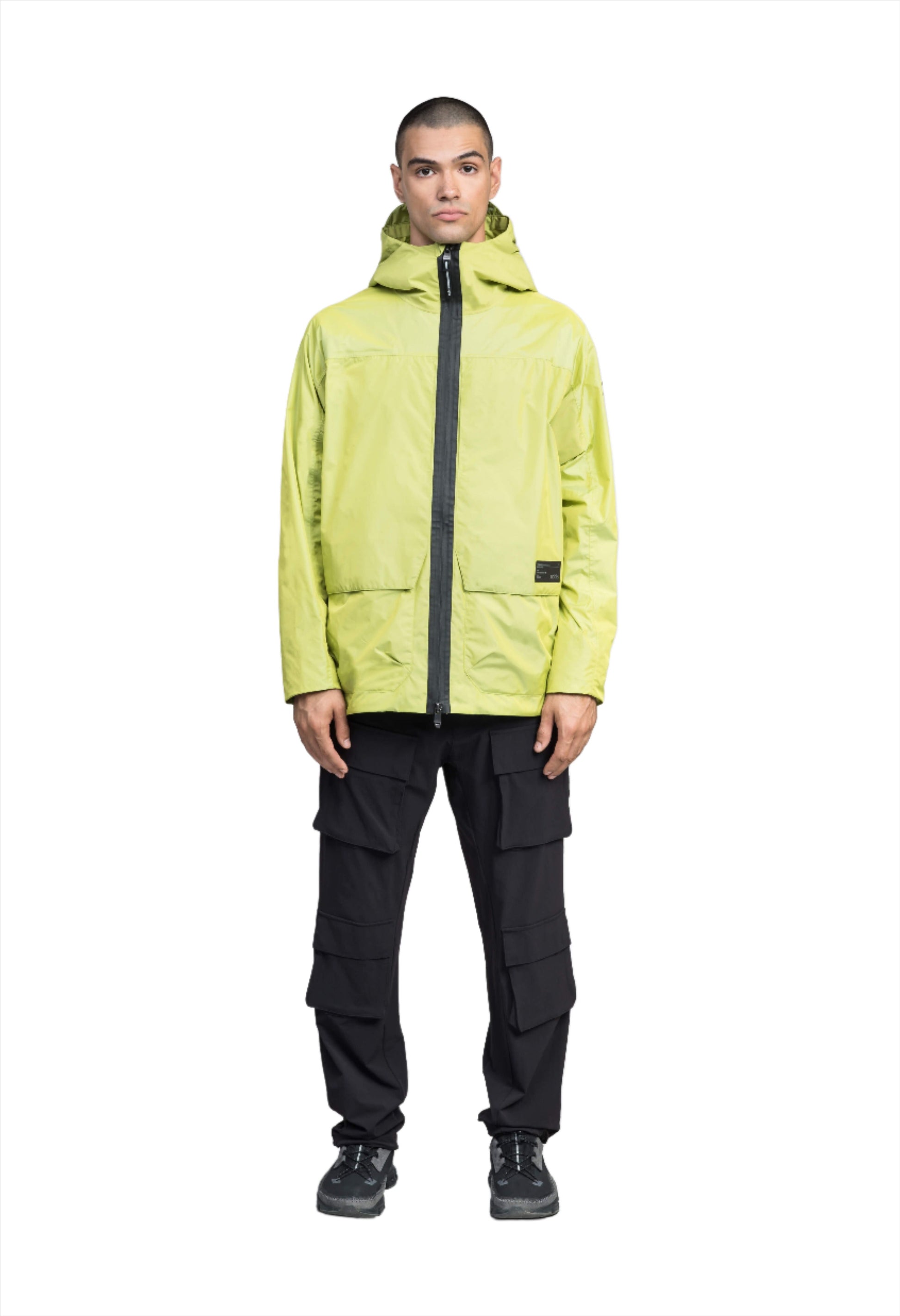 Mission Men's Performance Rain Shell Jacket in hip length, non-removable hood with adjustable toggle, two-way waterproof zipper, flap closure waist pockets with additional side entry storage, zipper ventilation on back, passive underarm ventilation, and breathable mesh lining, in Sulphur Spring