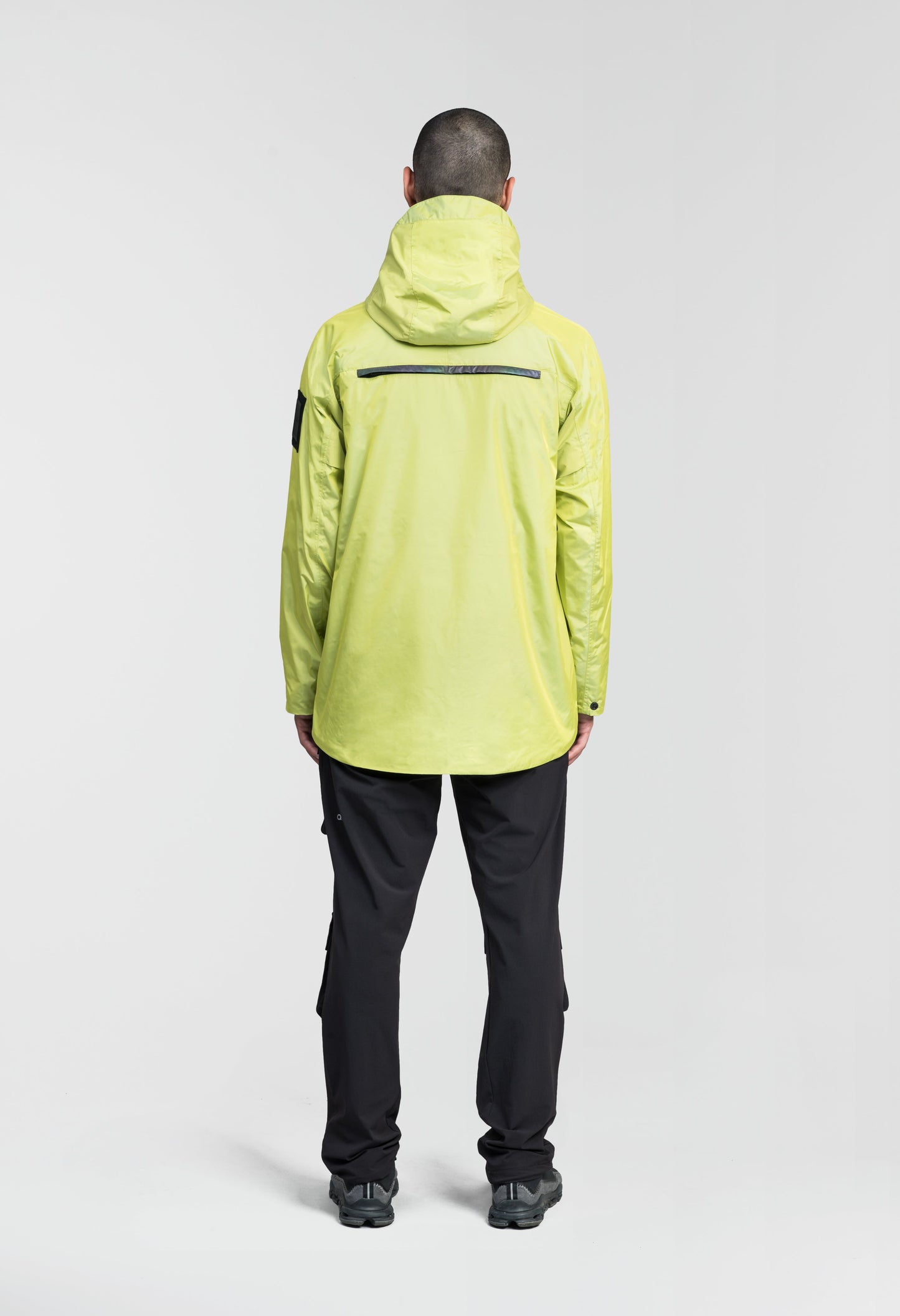 Mission Men's Performance Rain Shell Jacket in hip length, non-removable hood with adjustable toggle, two-way waterproof zipper, flap closure waist pockets with additional side entry storage, zipper ventilation on back, passive underarm ventilation, and breathable mesh lining, in Sulphur Spring