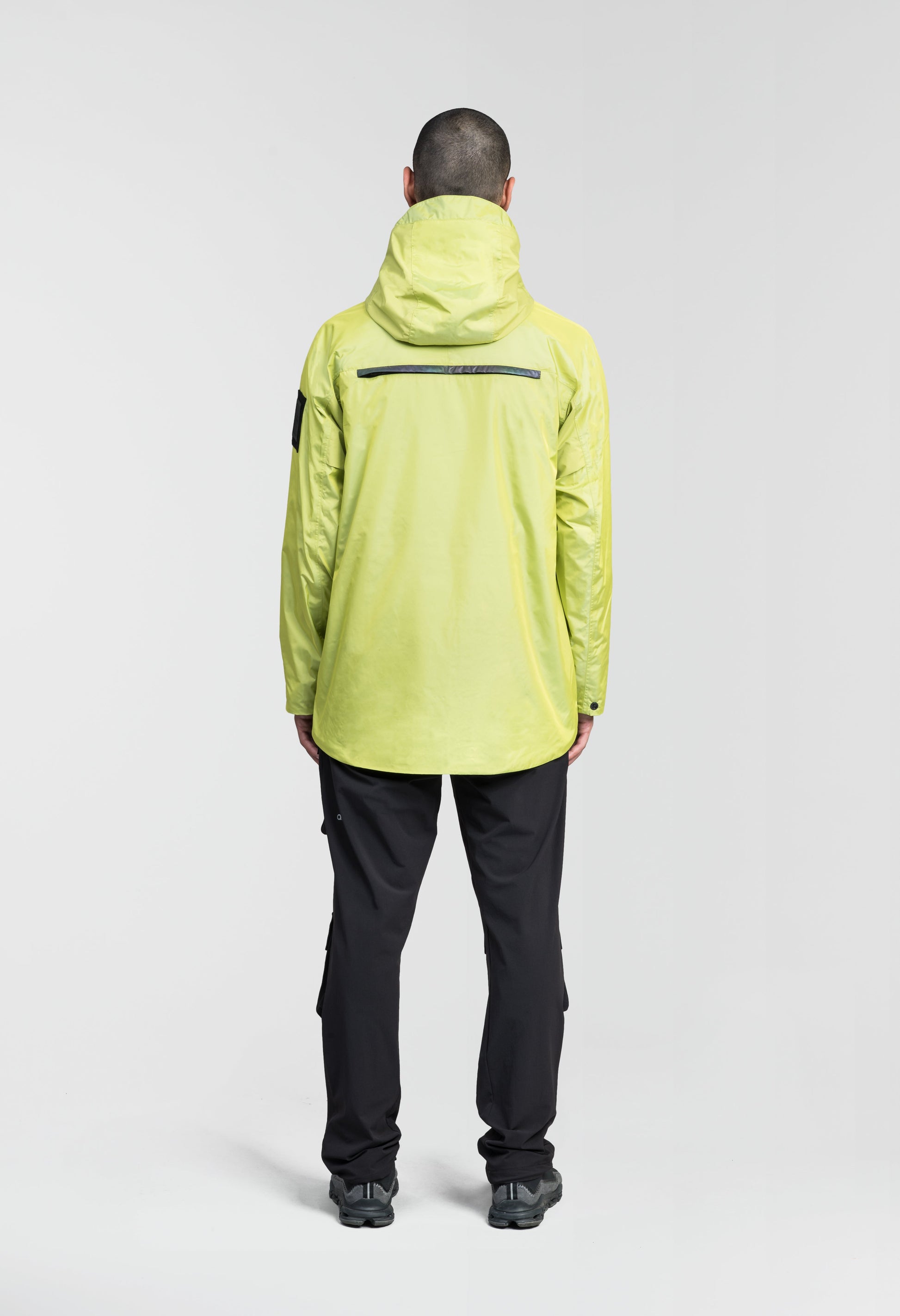 Mission Men's Performance Rain Shell Jacket in hip length, non-removable hood with adjustable toggle, two-way waterproof zipper, flap closure waist pockets with additional side entry storage, zipper ventilation on back, passive underarm ventilation, and breathable mesh lining, in Sulphur Spring