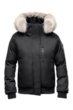 Women's down filled bomber jacket with fur trim hood in CH Black