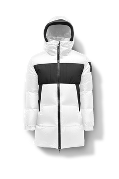 Neelix Men's Long Puffer Jacket in thigh length, premium cire technical nylon taffeta and stretch ripstop fabrication, Premium Canadian origin White Duck Down insulation, non-removable down-filled hood, two-way centre-front zipper, pit zipper vents, hidden chest zipper pockets, fleece-lined magnetic closure waist pockets, in Chalk