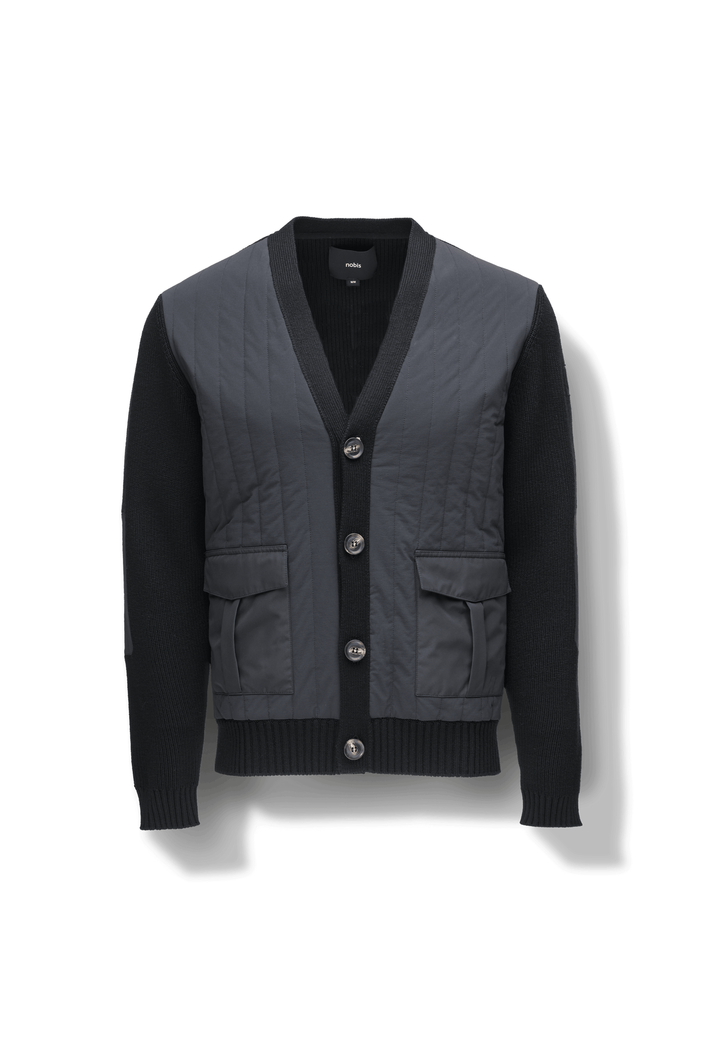 Watson Men's Hybrid V-Neck Sweater in hip length, premium stretch ripstop and 100% virgin extra fine merino wool knit fabrication, Primaloft Gold Insulation Active+, button front closure, snap button closure flap pockets at waist with additional side-entry, in Black