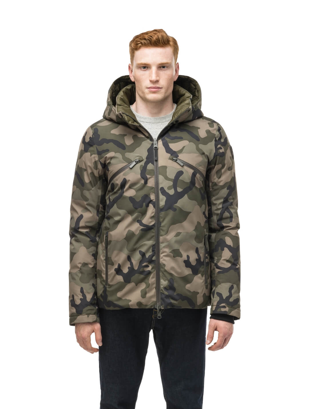 Hip length, reversible men's down filled jacket with removable hood in Camo