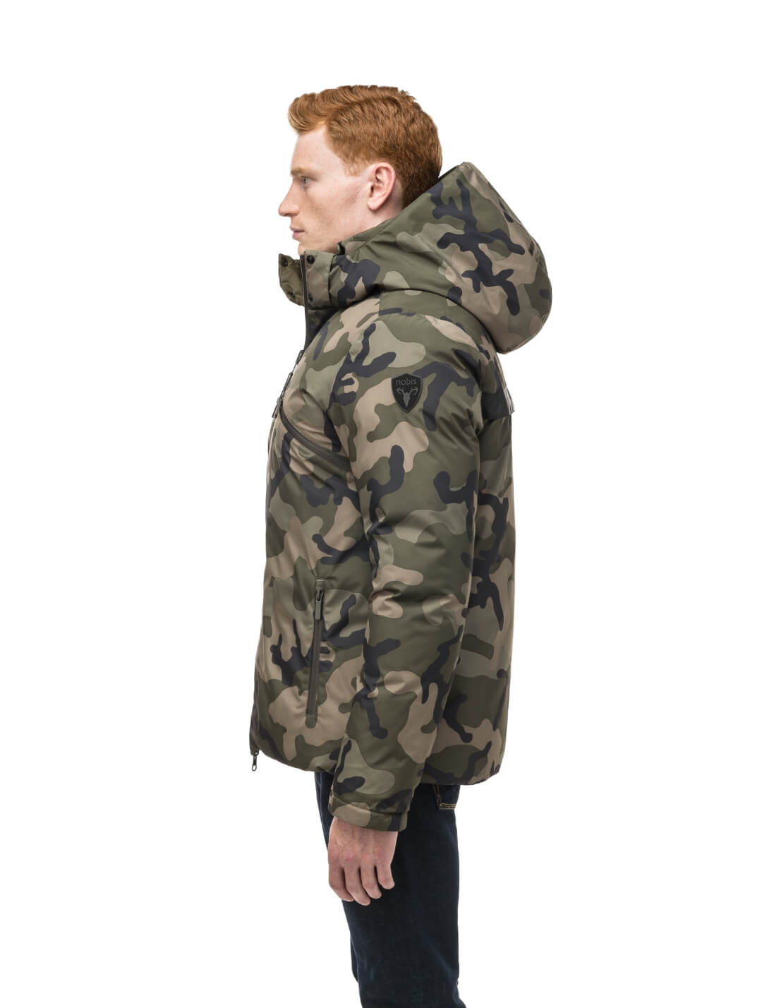 Hip length, reversible men's down filled jacket with removable hood in Camo