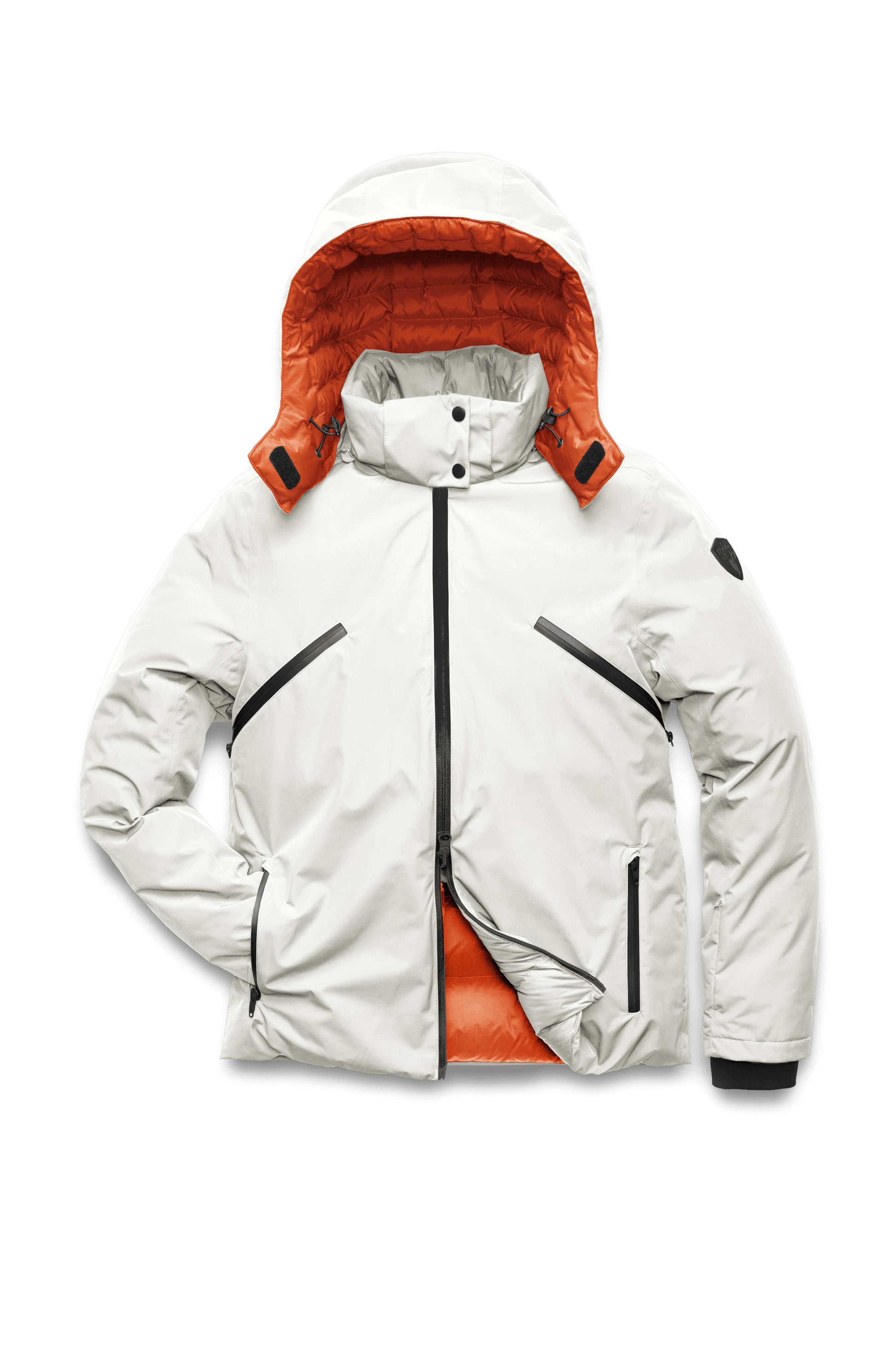 Hip length, reversible men's down filled jacket with removable hood in Chalk/Atomic