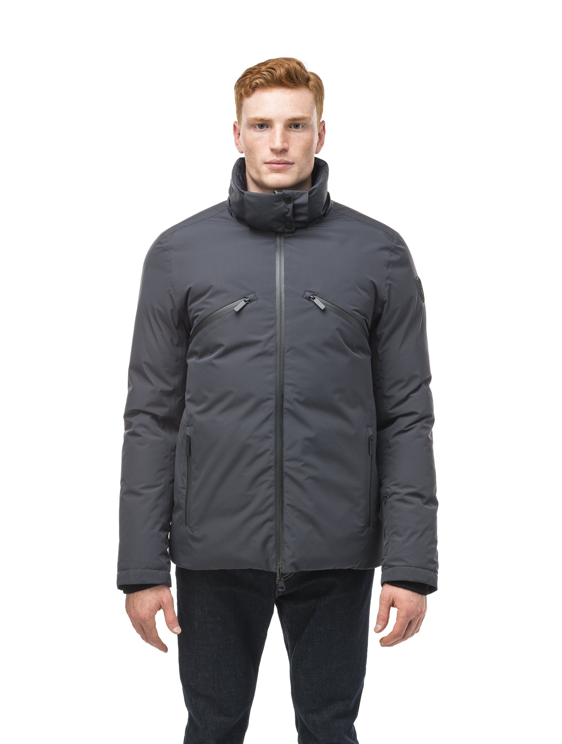 Hip length, reversible men's down filled jacket with removable hood in Marine