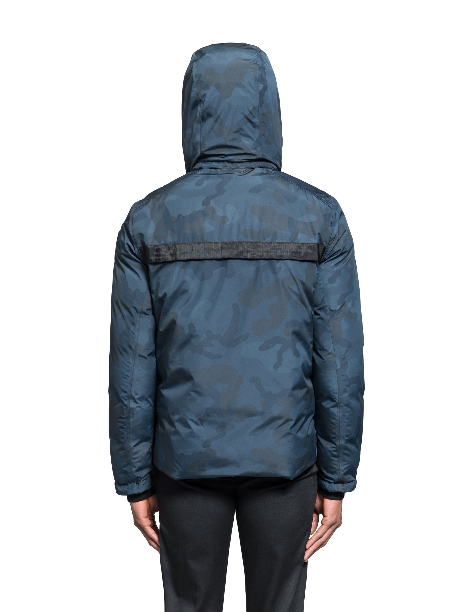 Hip length, reversible men's down filled jacket with removable hood in Navy Camo