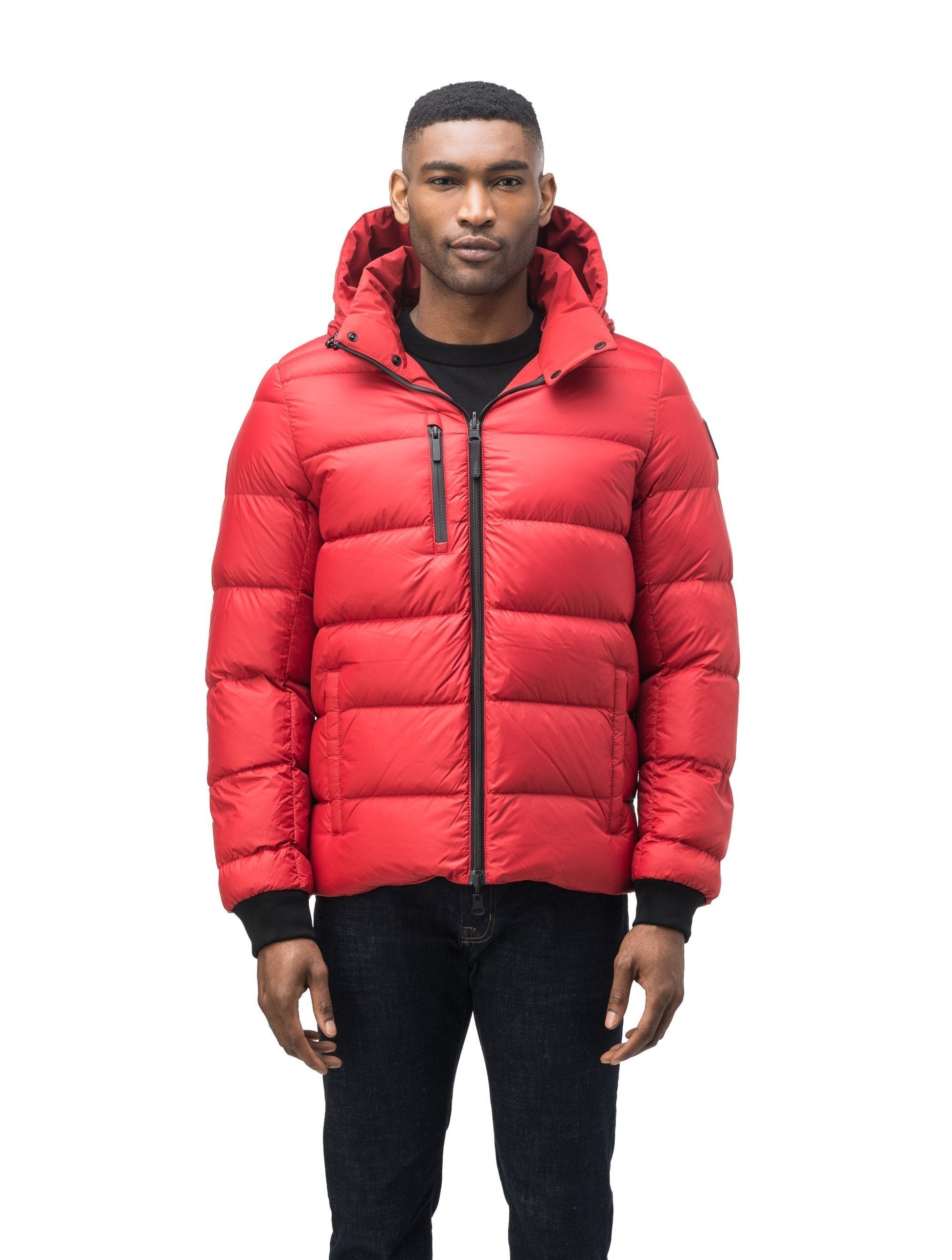 Hip length, reversible men's down filled jacket with removable hood in Vermillion