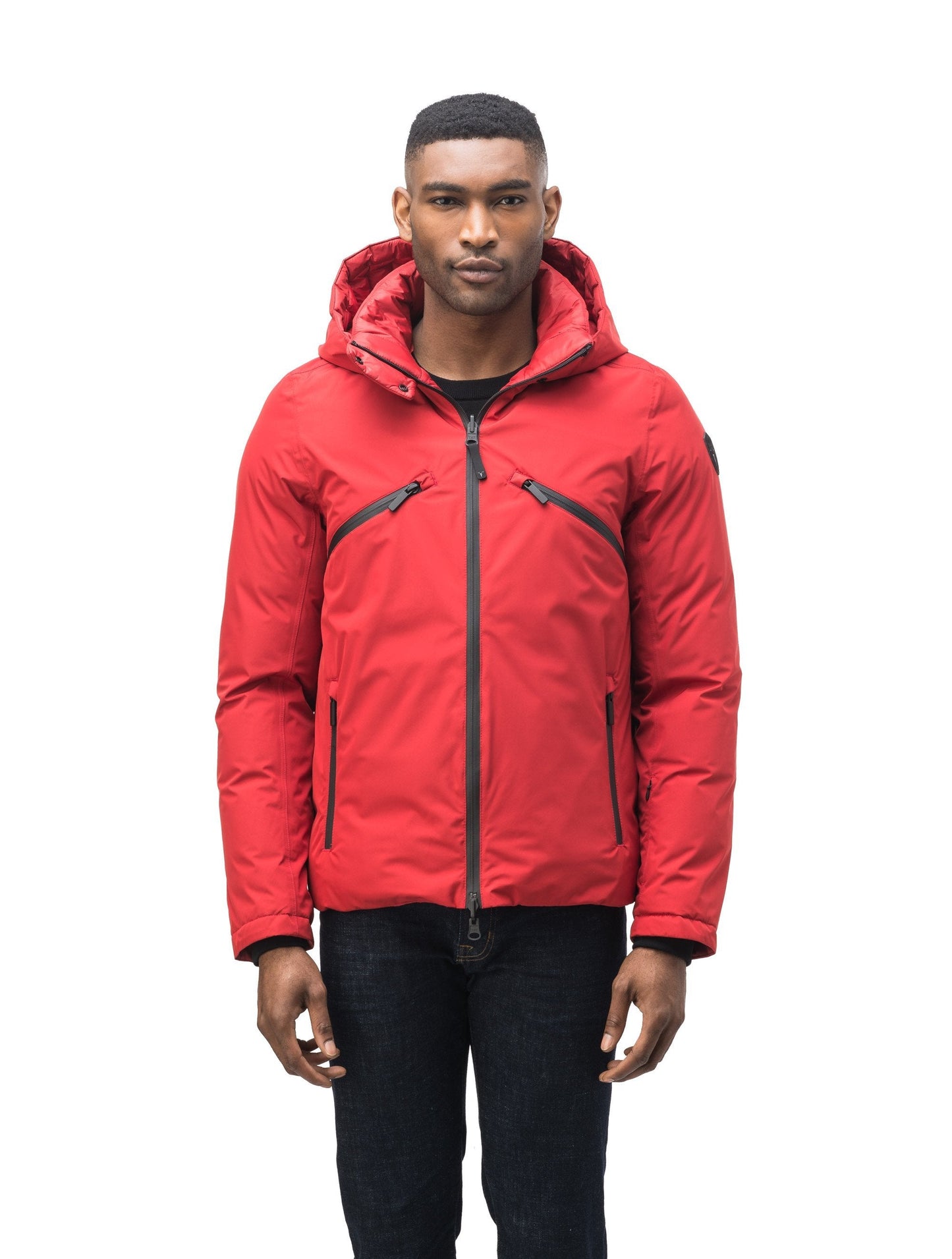 Hip length, reversible men's down filled jacket with removable hood in Vermillion