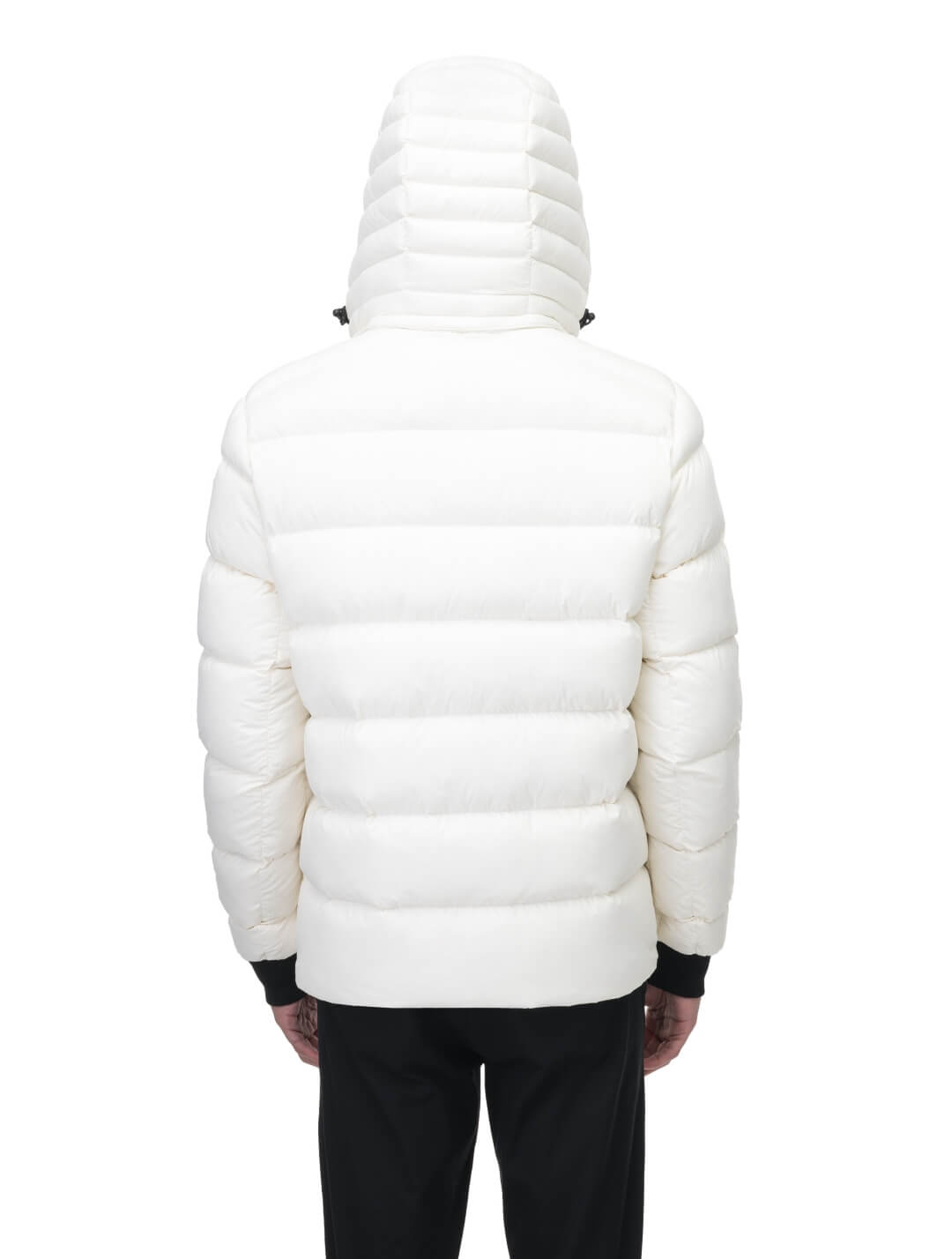 Hip length, reversible men's down filled jacket with removable hood in White Floral Print