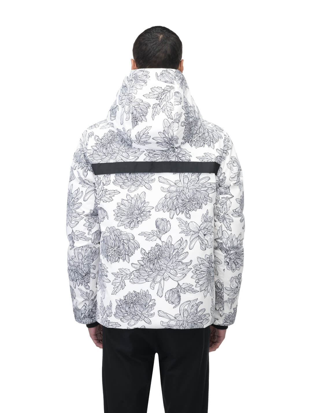 Hip length, reversible men's down filled jacket with removable hood in White Floral Print