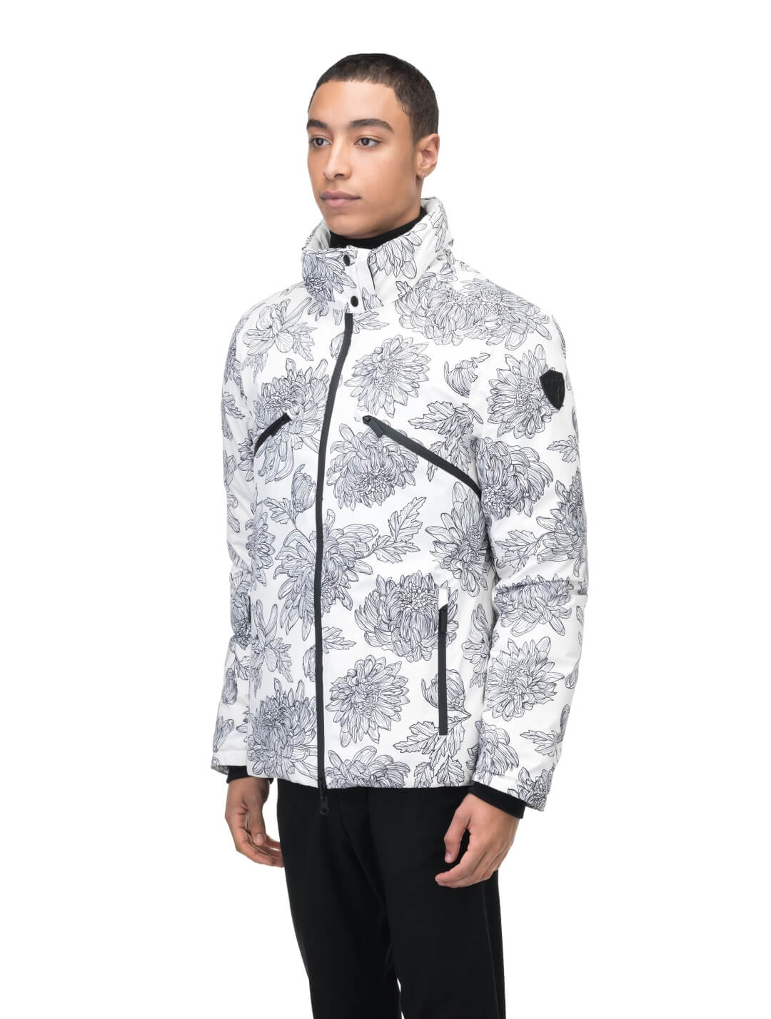 Hip length, reversible men's down filled jacket with removable hood in White Floral Print