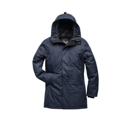 Pierre Men's Jacket in thigh length, Canadian white duck down insulation, non-removable down-filled hood, angled waist pockets, centre-front zipper with wind flap, and elastic ribbed cuffs, in CH Navy + CH Navy