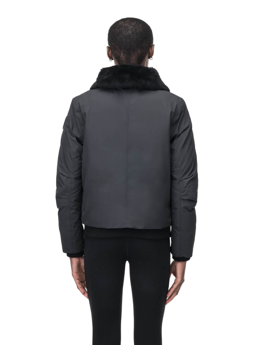 Rae Ladies Aviator Jacket in hip length, Canadian duck down insulation, removable shearling collar with hidden tuckable hood, and two-way front zipper, in Black
