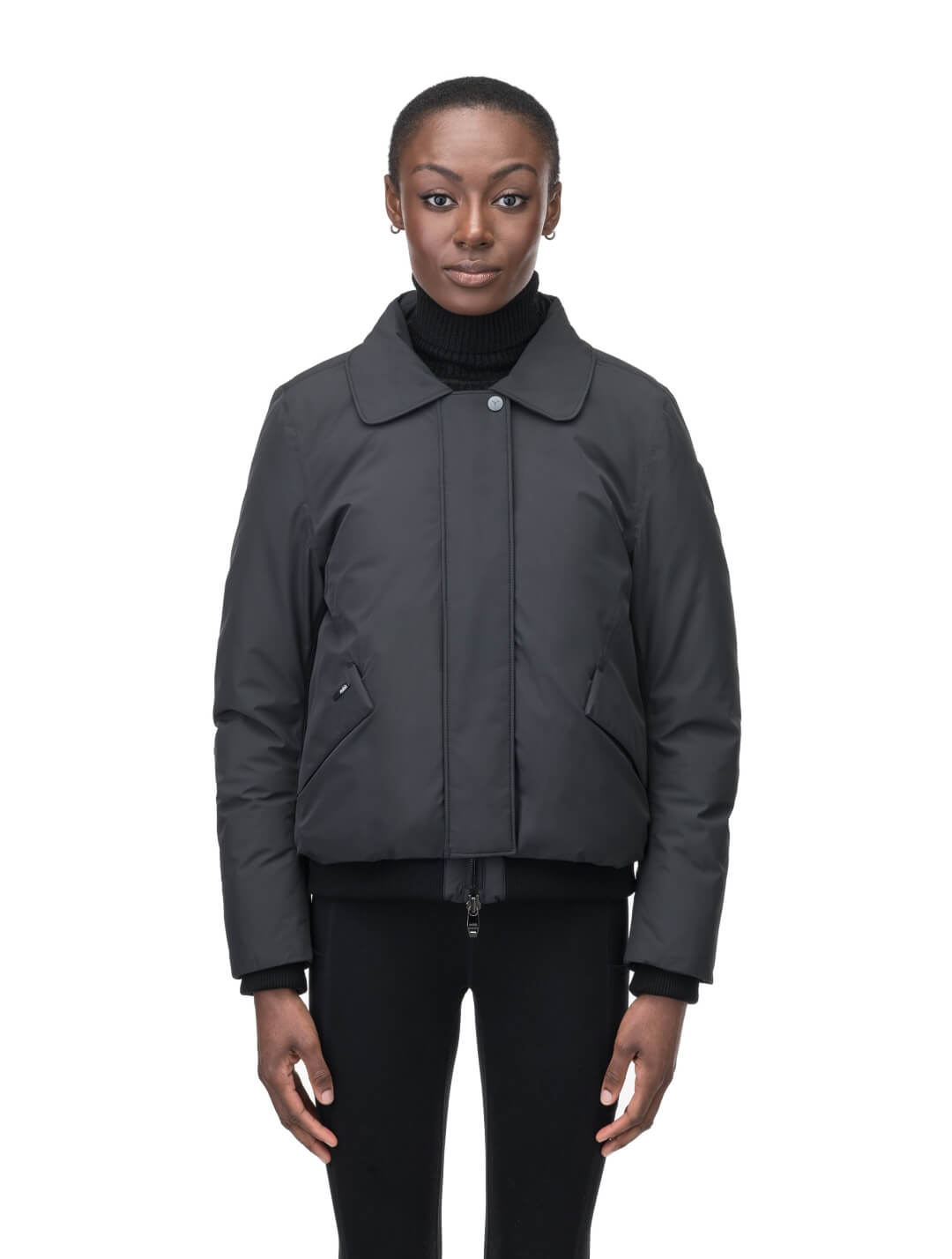 Rae Ladies Aviator Jacket in hip length, Canadian duck down insulation, removable shearling collar with hidden tuckable hood, and two-way front zipper, in Black
