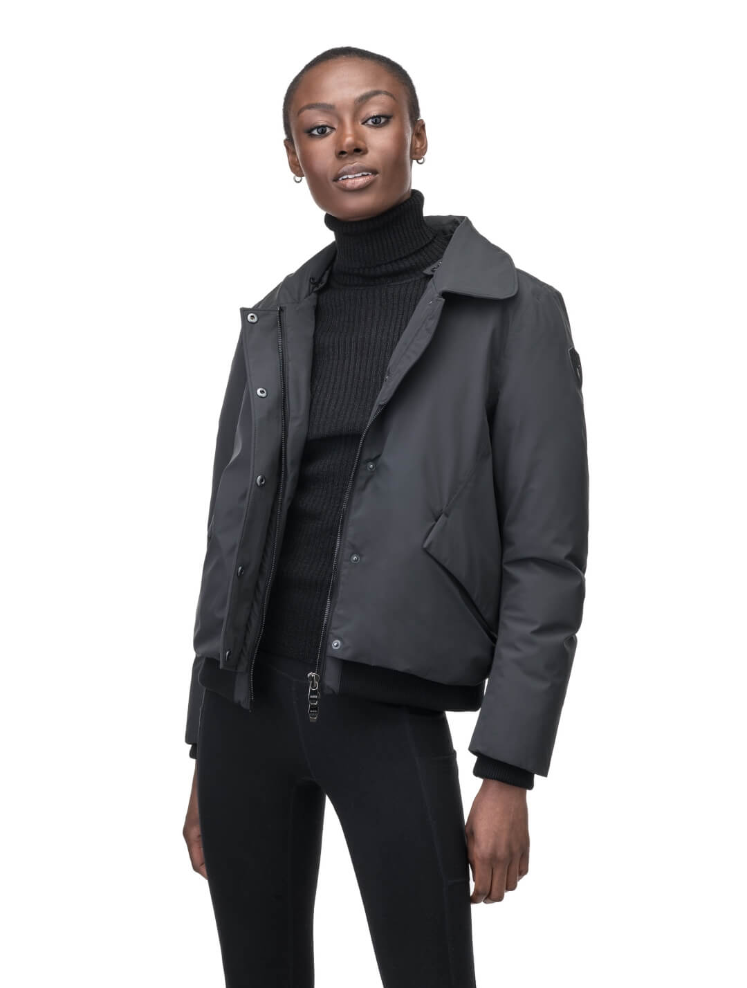 Rae Ladies Aviator Jacket in hip length, Canadian duck down insulation, removable shearling collar with hidden tuckable hood, and two-way front zipper, in Black