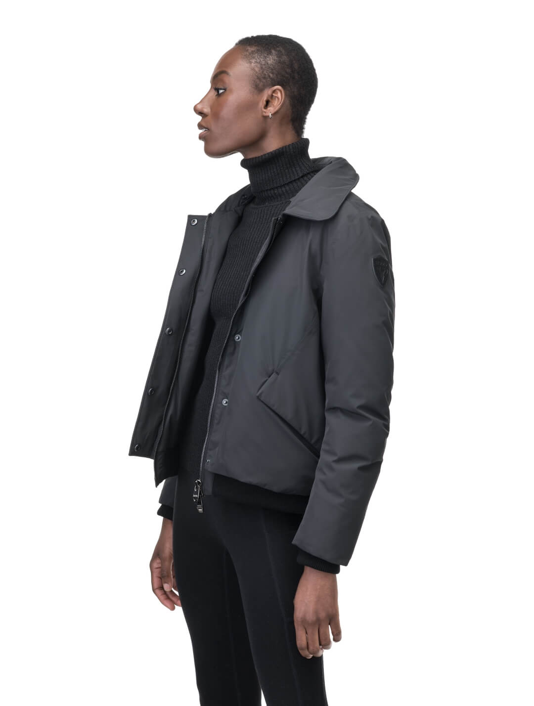 Rae Ladies Aviator Jacket in hip length, Canadian duck down insulation, removable shearling collar with hidden tuckable hood, and two-way front zipper, in Black