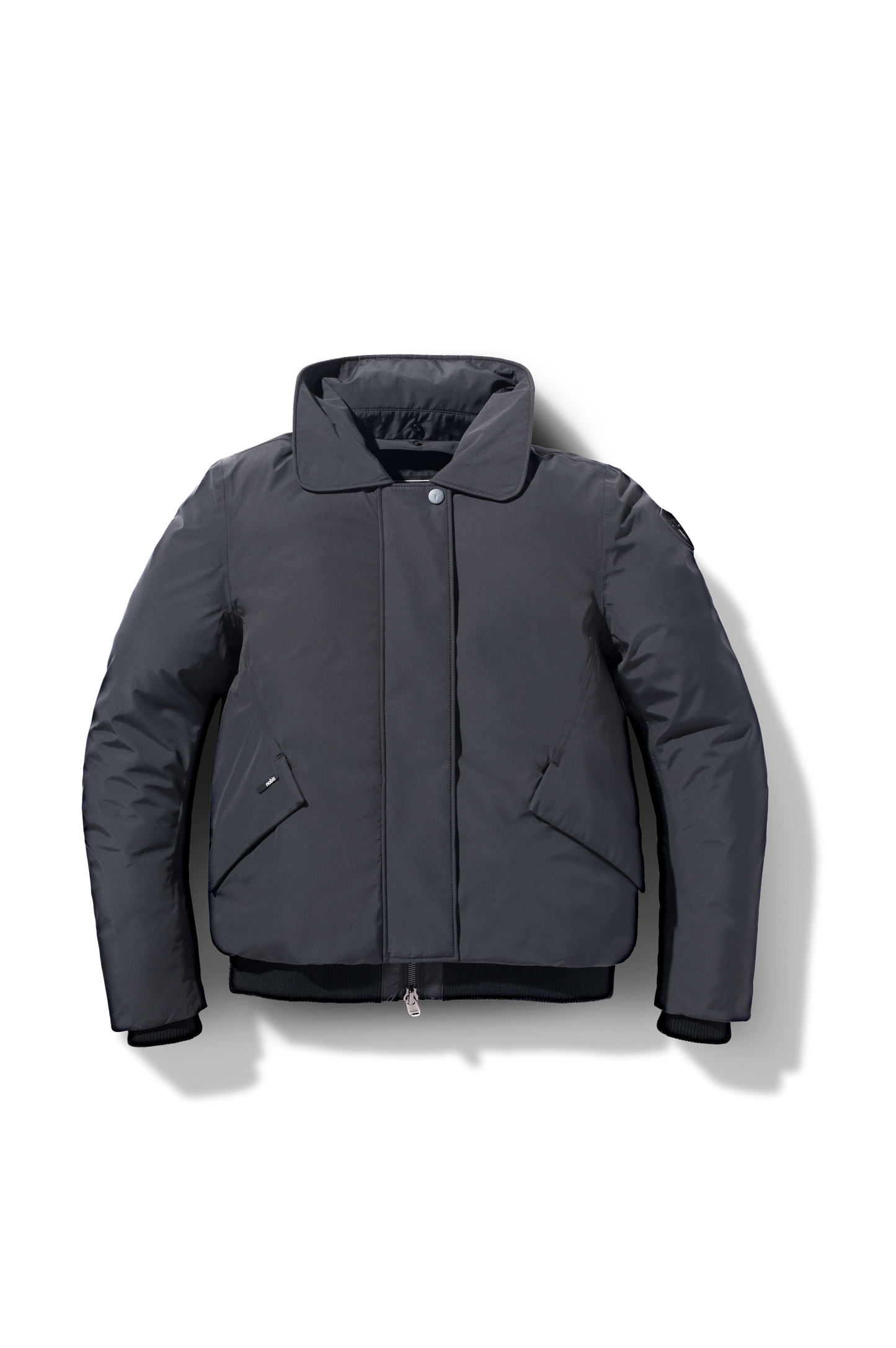 Rae Ladies Aviator Jacket in hip length, Canadian duck down insulation, removable shearling collar with hidden tuckable hood, and two-way front zipper, in Black