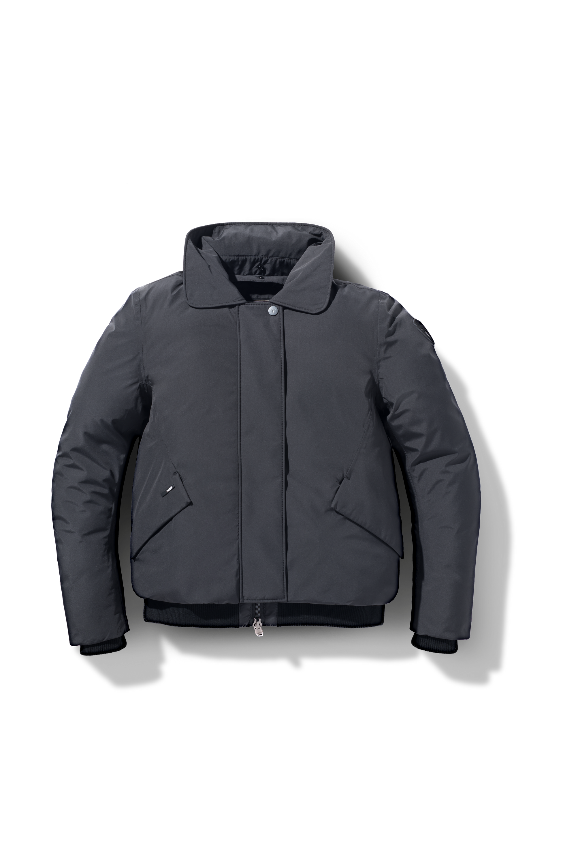 Rae Ladies Aviator Jacket in hip length, Canadian duck down insulation, removable shearling collar with hidden tuckable hood, and two-way front zipper, in Black