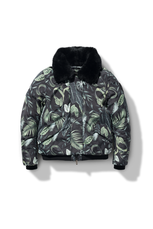 Rae Ladies Aviator Jacket in hip length, Canadian duck down insulation, removable shearling collar with hidden tuckable hood, and two-way front zipper, in Foliage + Foliage